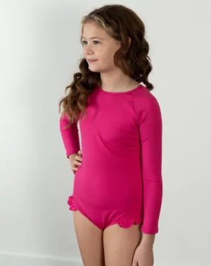 "Brights" Ribbed Hot Pink Ruffle Rashguard Suit