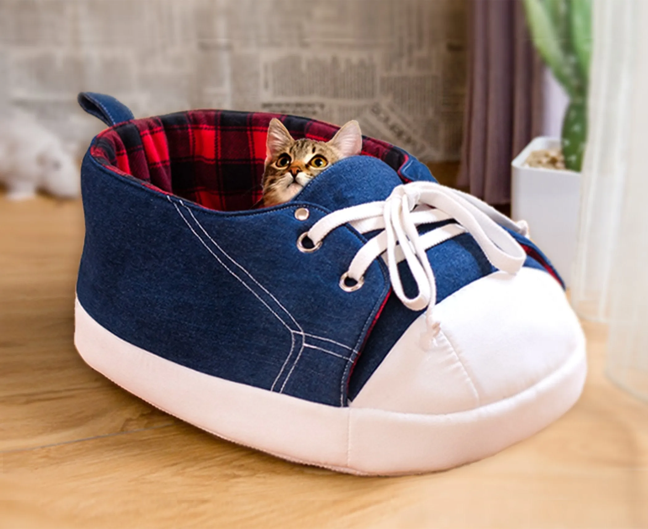 "Seconds" SALE! Sneaker Cat Bed in Black & Red Tartan Fleece- Pattern A