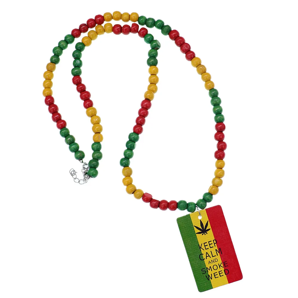 Rasta Keep Calm Smoke Weed Wooden Bead Necklace