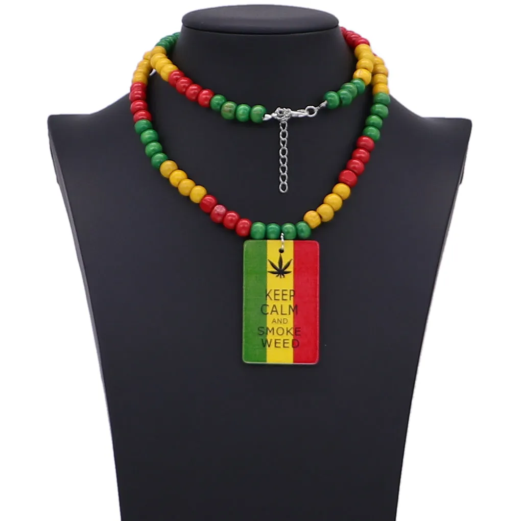 Rasta Keep Calm Smoke Weed Wooden Bead Necklace