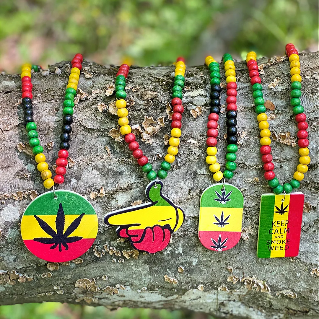 Rasta Keep Calm Smoke Weed Wooden Bead Necklace