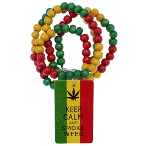 Rasta Keep Calm Smoke Weed Wooden Bead Necklace