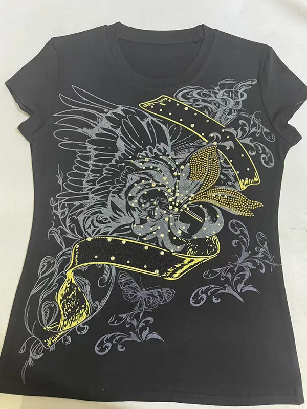 Schwarzes Vintage Print T-Shirt mit Strasssteinen und Kurzarm