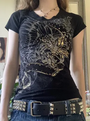 Schwarzes Vintage Print T-Shirt mit Strasssteinen und Kurzarm
