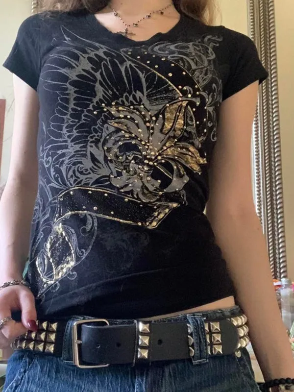 Schwarzes Vintage Print T-Shirt mit Strasssteinen und Kurzarm