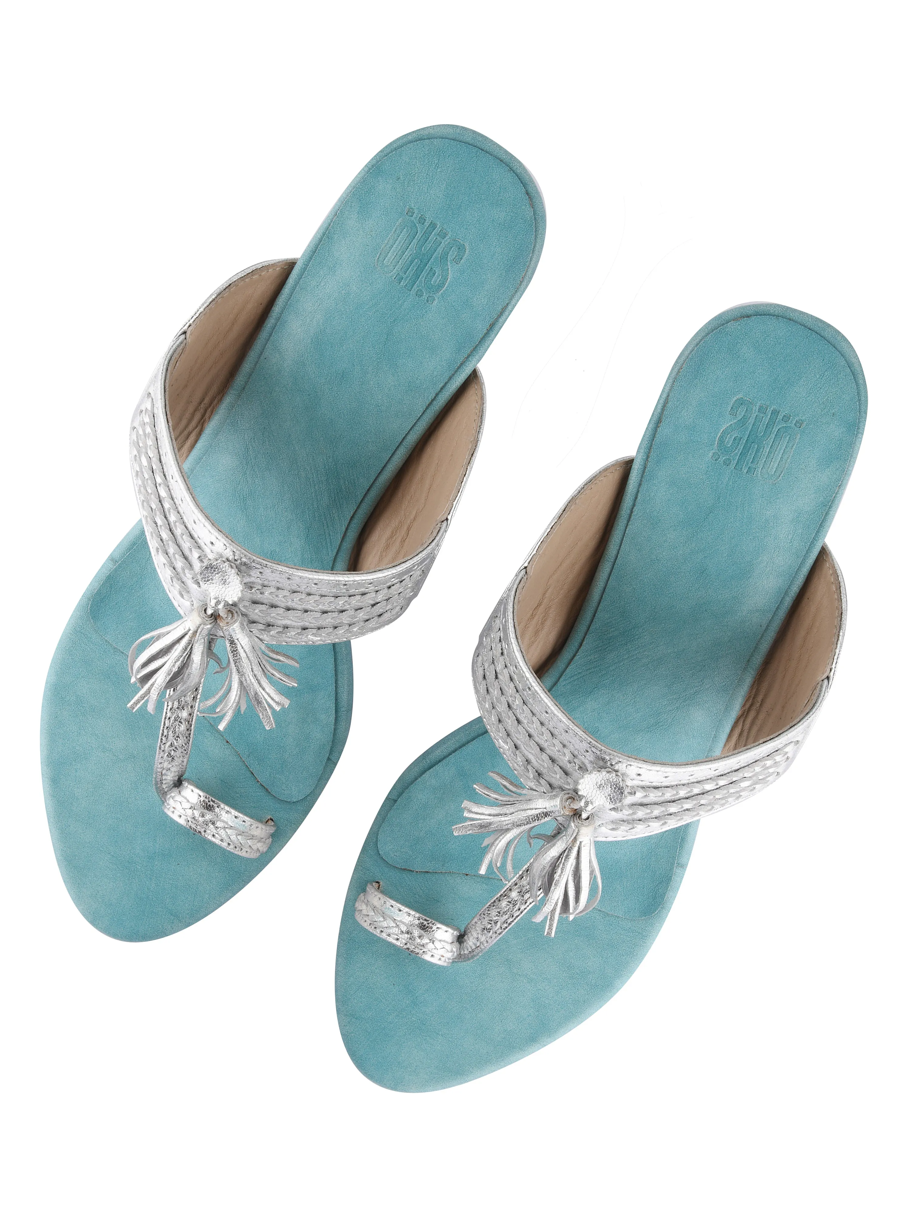 Silver & Blue Kolhapuri Block Heels For Women