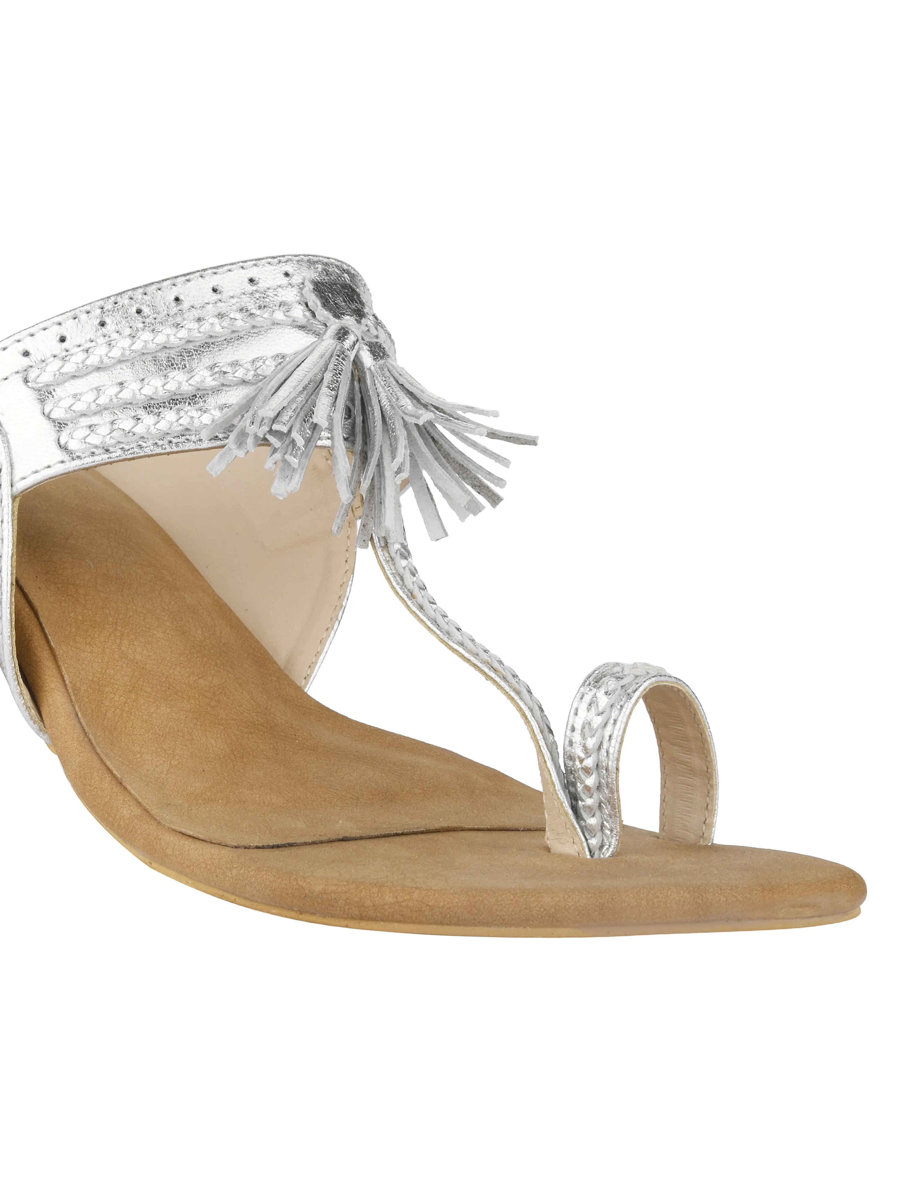 Silver & Tan Kolhapuri Block Heels For Women